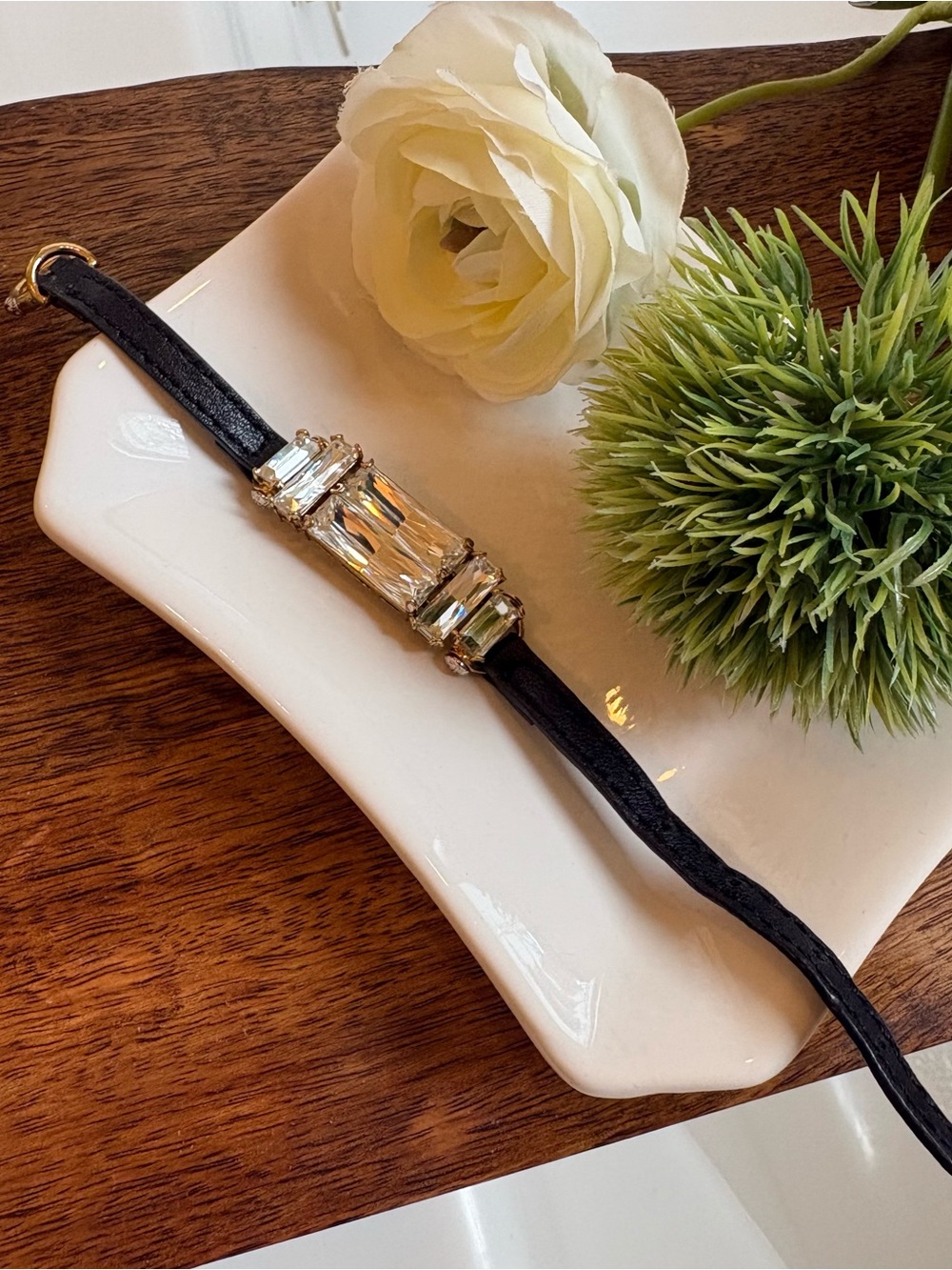 Black Leather Bracelet with Crystal Bar